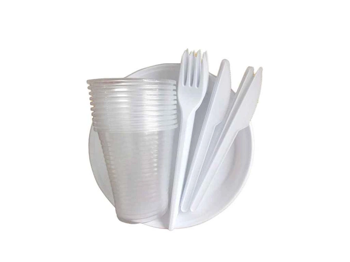 Набір посуду на 10 персон (тарілка, стакан,веделка, серветка)